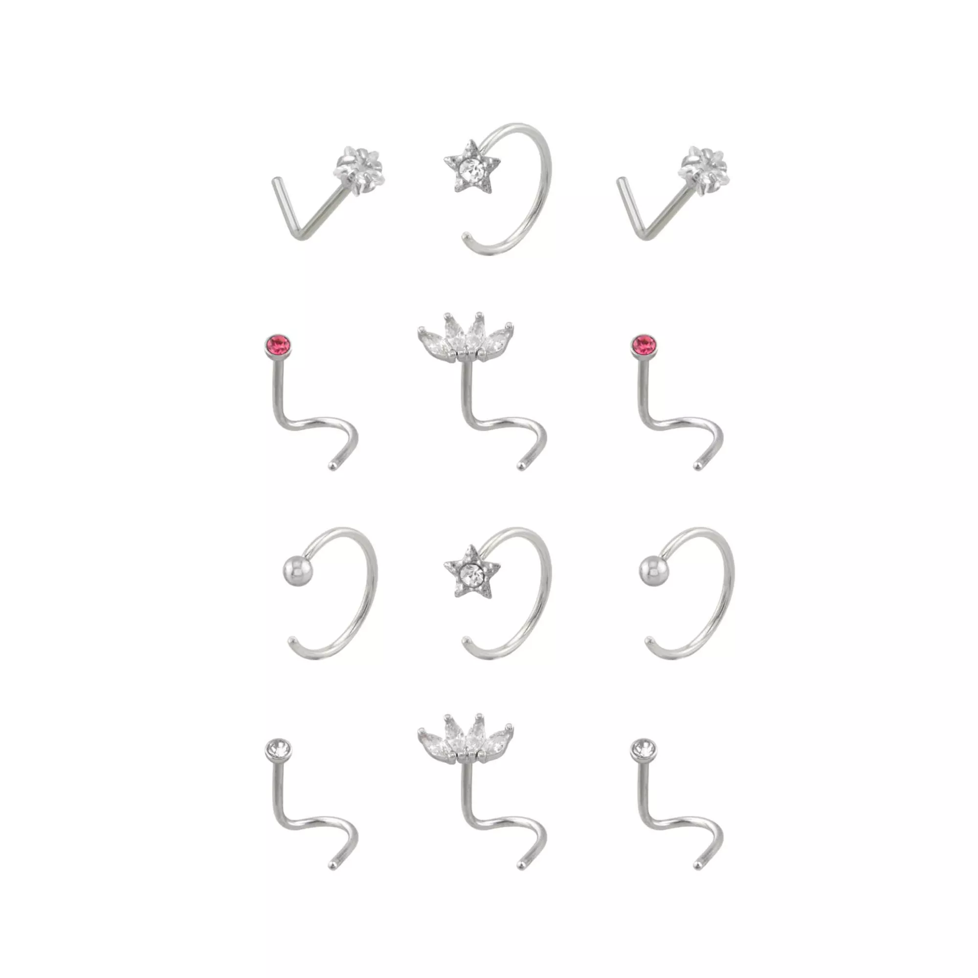Multi-Pack CZ Screw Horseshoe and L-Bend Nose Rings 12 Pack - 20 Gauge at Spencer's