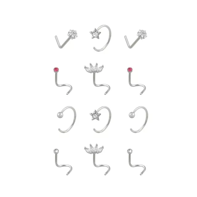 Multi-Pack CZ Screw Horseshoe and L-Bend Nose Rings 12 Pack - 20 Gauge at Spencer's