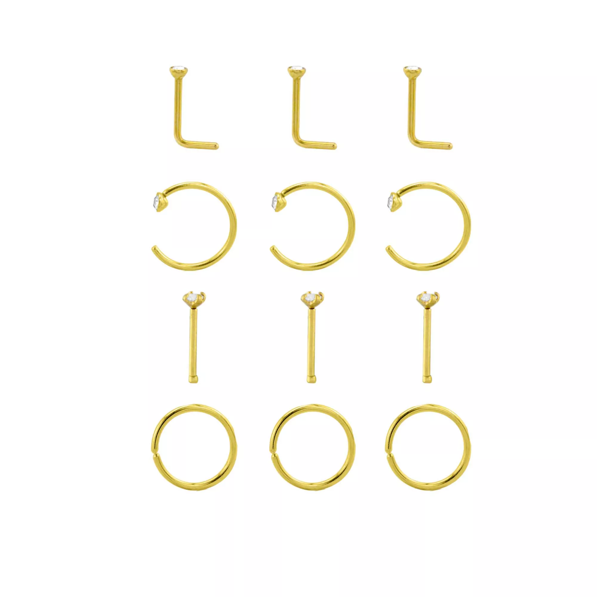 Multi-Pack CZ Goldtone Titanium Bone Horseshoe and L-Bend Nose Rings 12 Pack - 20 Gauge
