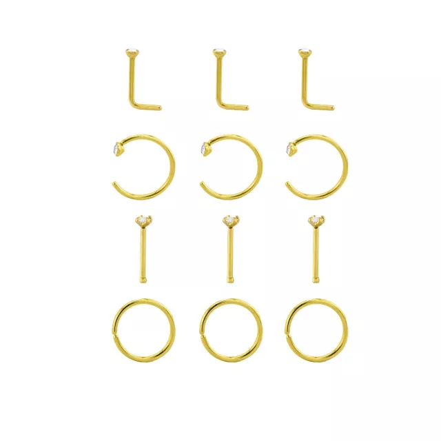 Multi-Pack CZ Goldtone Titanium Bone Horseshoe and L-Bend Nose Rings 12 Pack - 20 Gauge at Spencer's