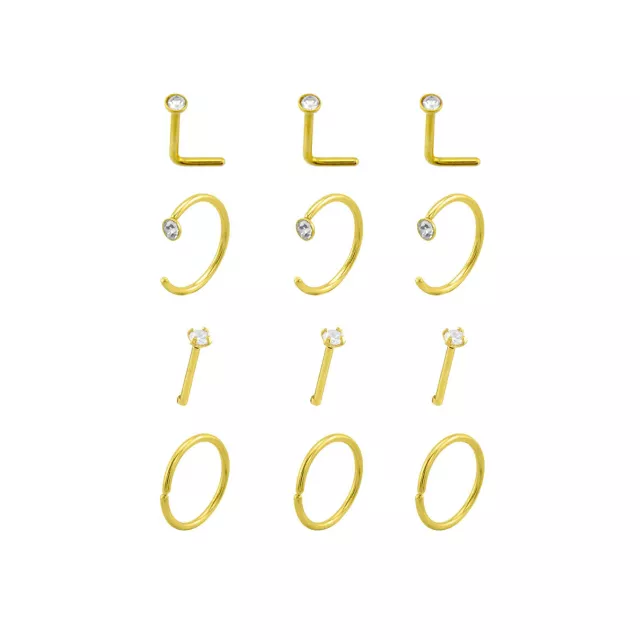 Multi-Pack CZ Goldtone Titanium Bone Horseshoe and L-Bend Nose Rings 12 Pack - 20 Gauge at Spencer's