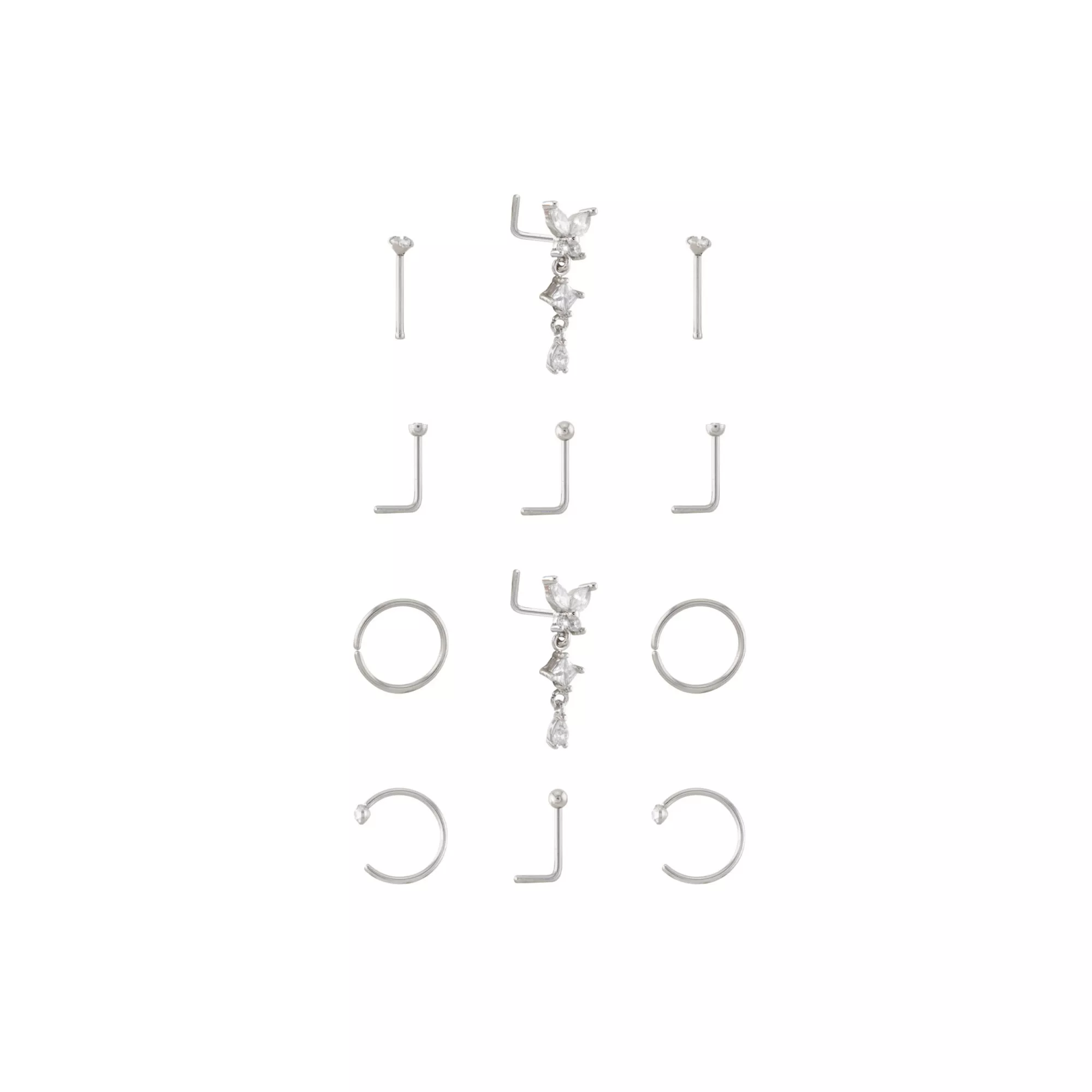 Multi-Pack CZ Titanium Butterfly Hoop L-Bend and Bone Nose Rings 12 Pack - 20 Gauge at Spencer's