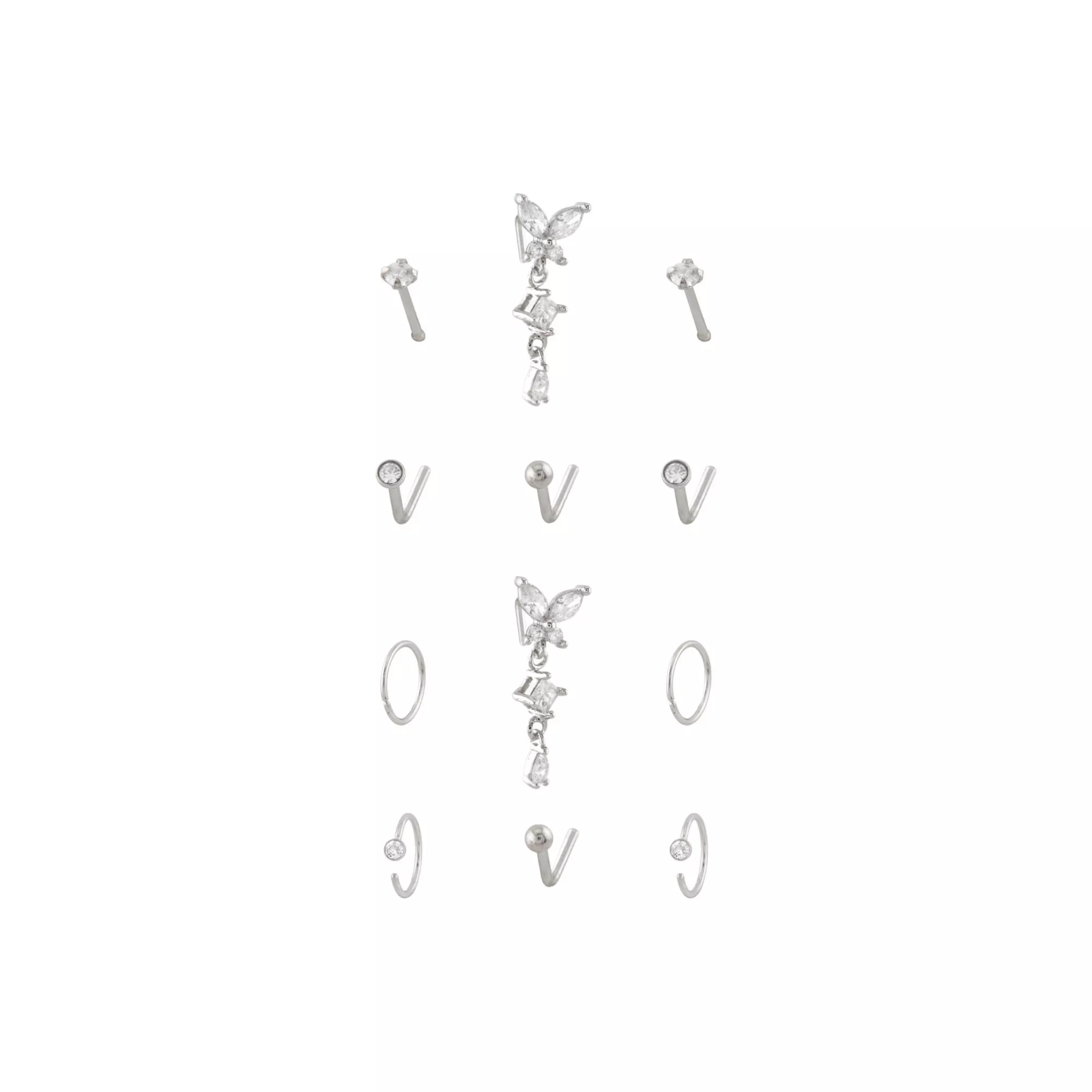 Multi-Pack CZ Titanium Butterfly Hoop L-Bend and Bone Nose Rings 12 Pack - 20 Gauge at Spencer's