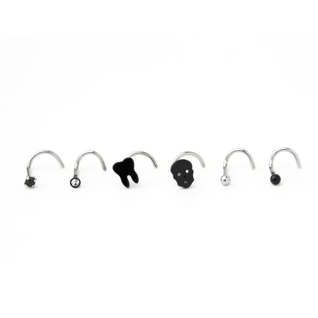 Multi-Pack CZ Tooth Skull Screw Nose Rings 6 Pack - 20 Gauge at Spencer's