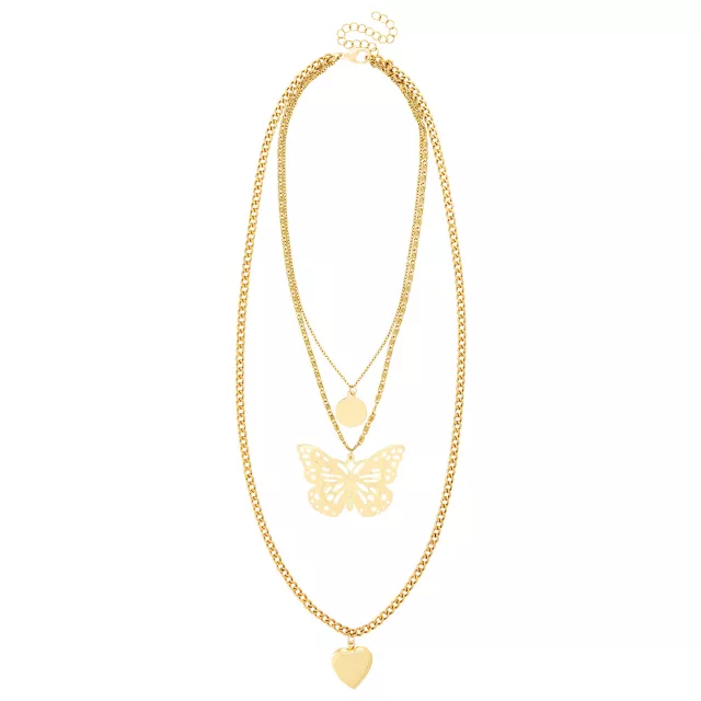 Gold 3-Row Butterfly Heart Necklace at Spencer's