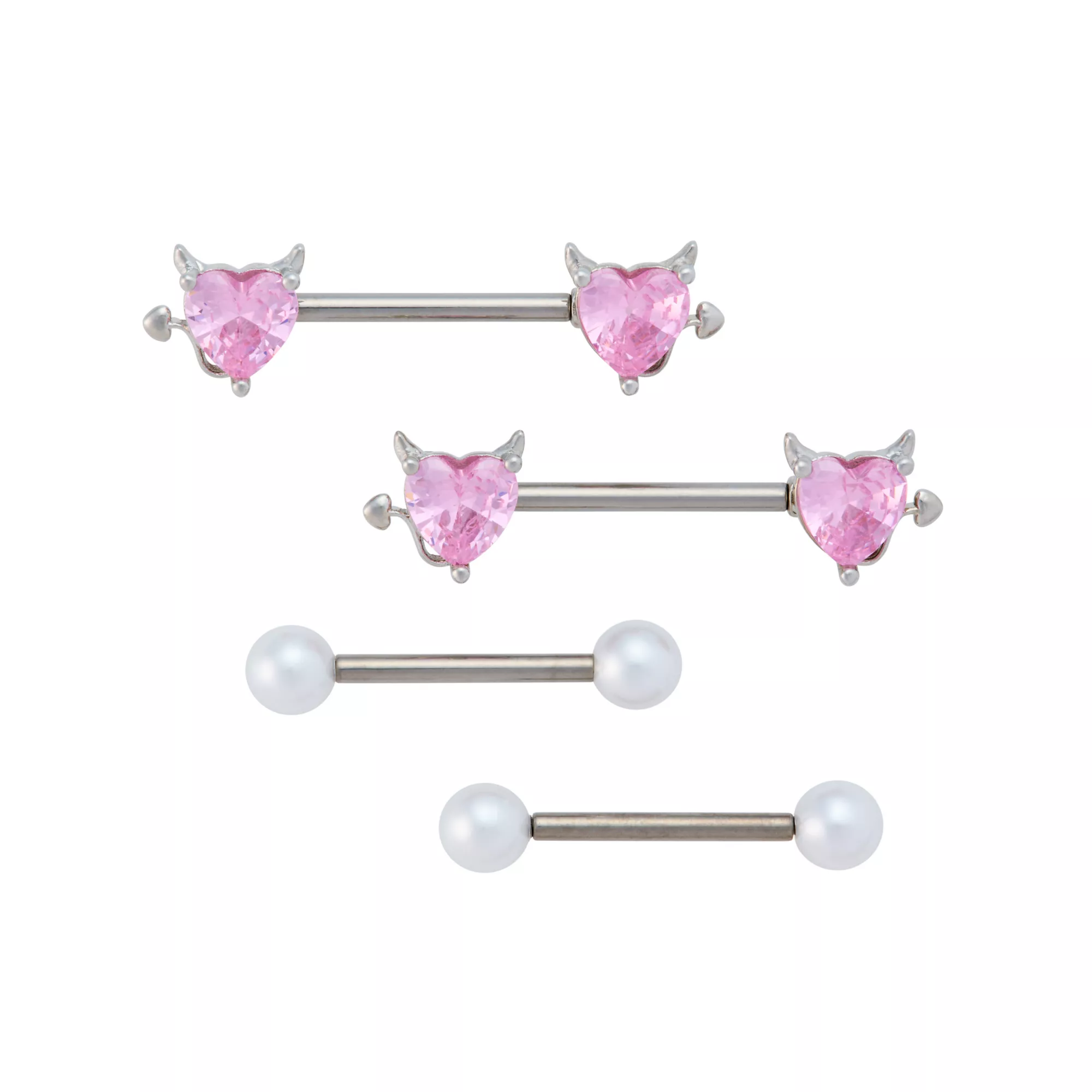 Multi-Pack CZ Pink Devil Heart Nipple Barbells 2 Pair - 14 Gauge