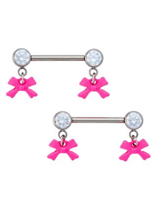 Round CZ Pink Bow Titanium Dangle Nipple Barbells - 14 Gauge