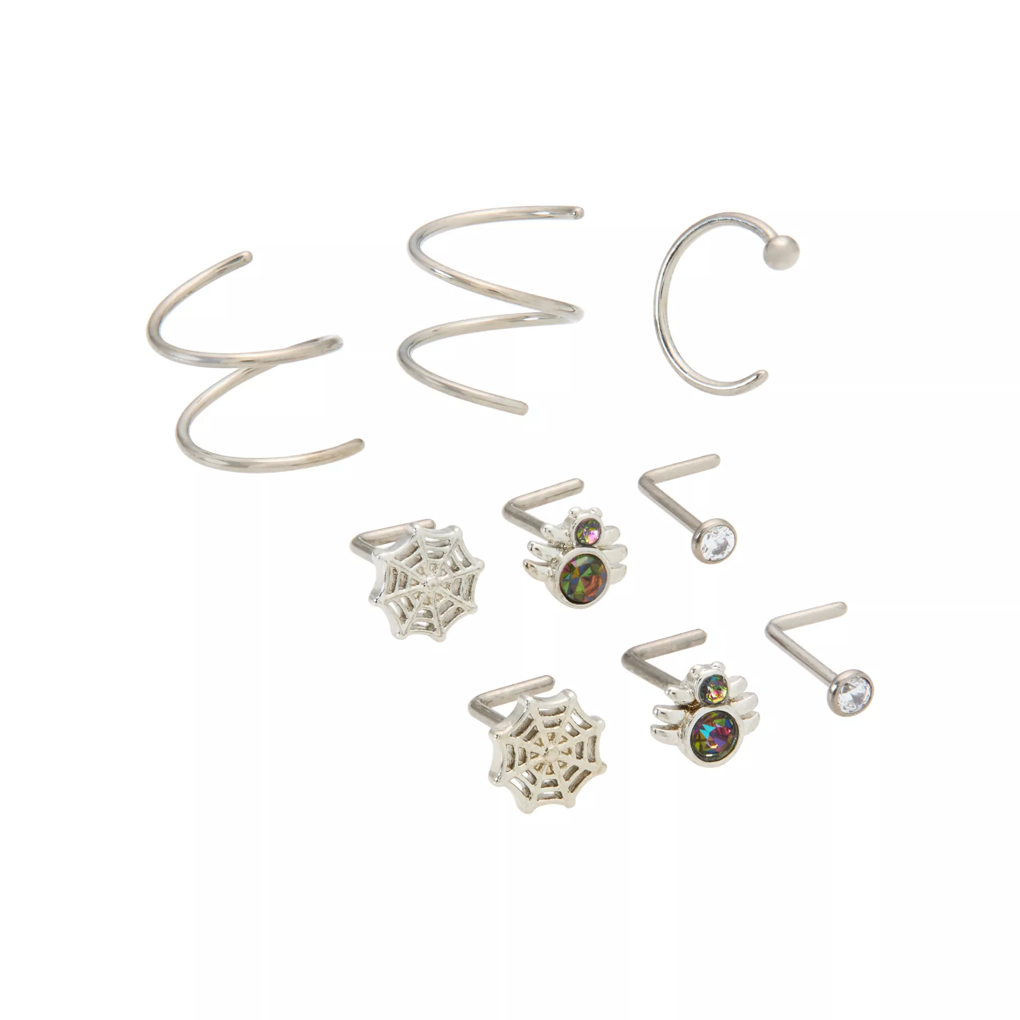 Multi-Pack CZ Silvertone Titanium Spider L-Bend and Spiral and Half Hoop Nose Rings 9 Pack - 20 Gauge at Spencer's