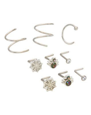Multi-Pack CZ Silvertone Titanium Spider L-Bend and Spiral and Half Hoop Nose Rings 9 Pack - 20 Gauge