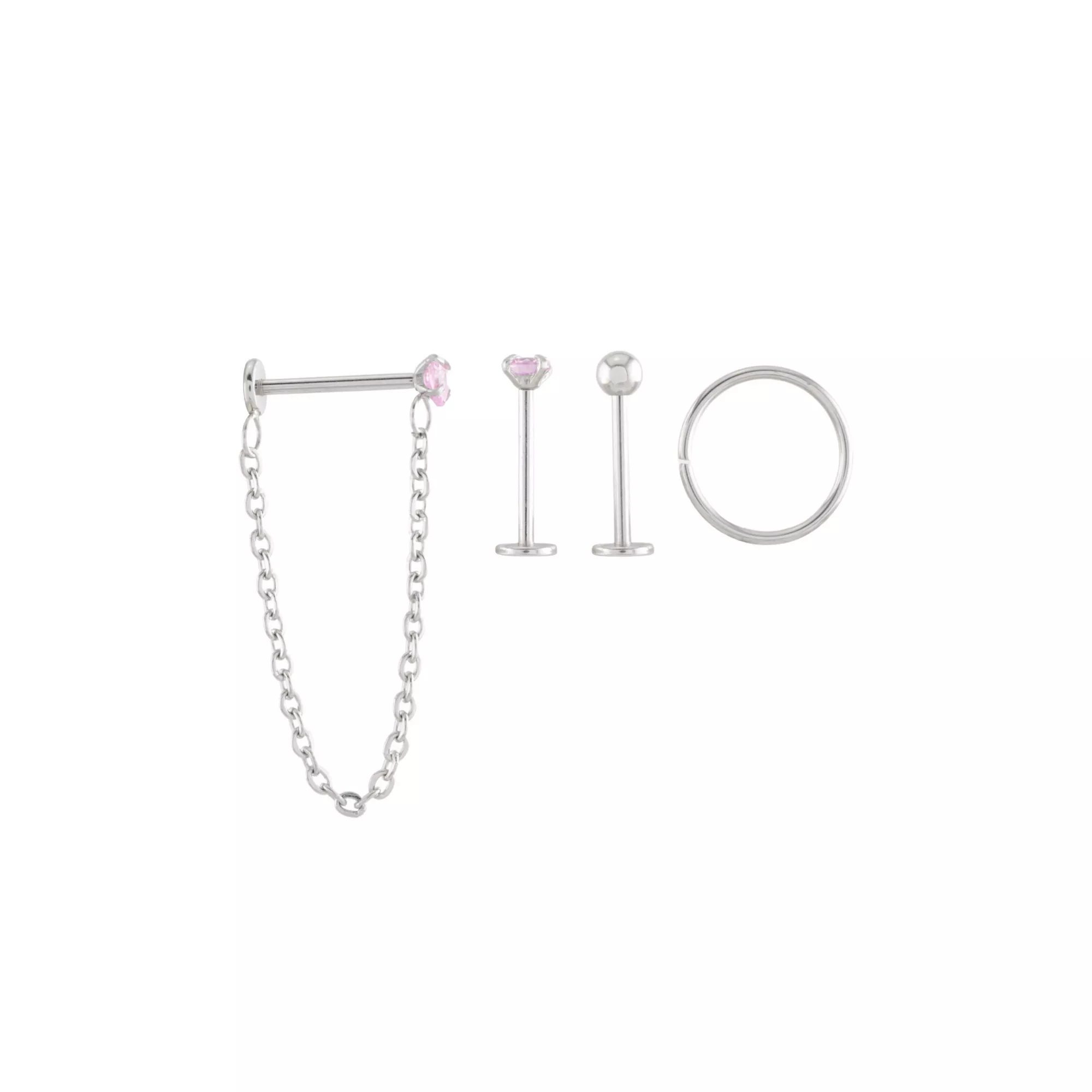 Multi-Pack Pink CZ Heart Labret Rings and Hoop 4 Pack - 18 Gauge