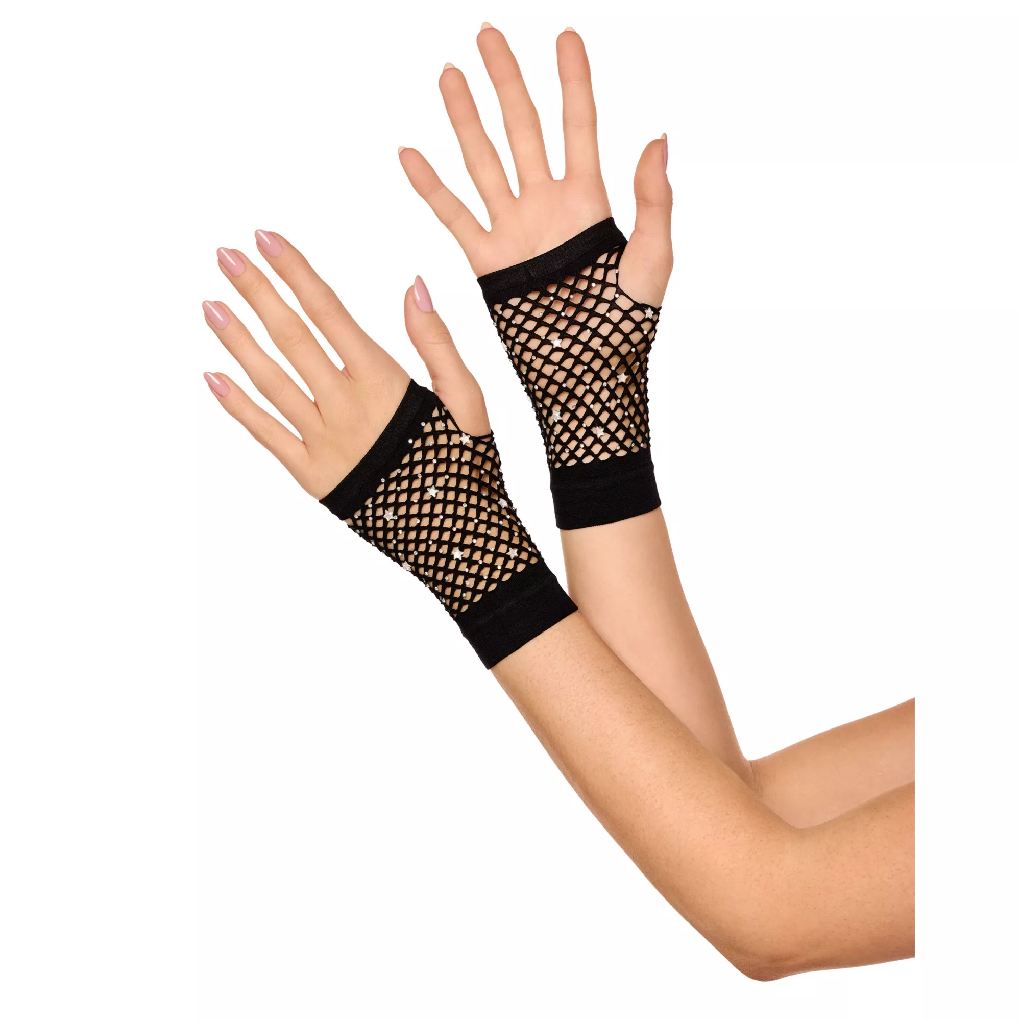 Fingerless Fishnet Rhinestone Gloves at Spencer's