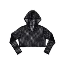 Hooded Fishnet Long Sleeve Crop Top at Spencer's