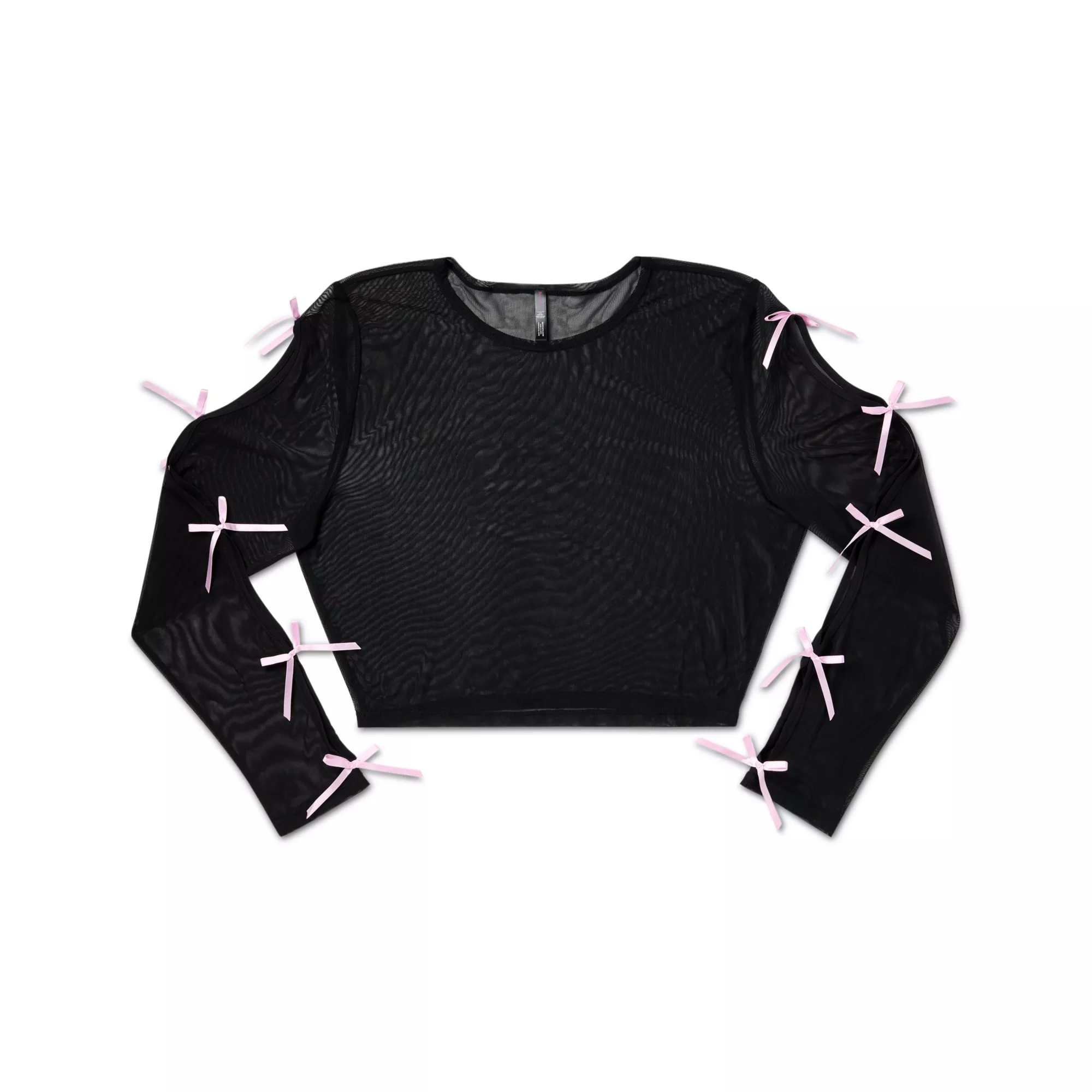 Black and Pink Bow Mesh Crop Top at Spencer's