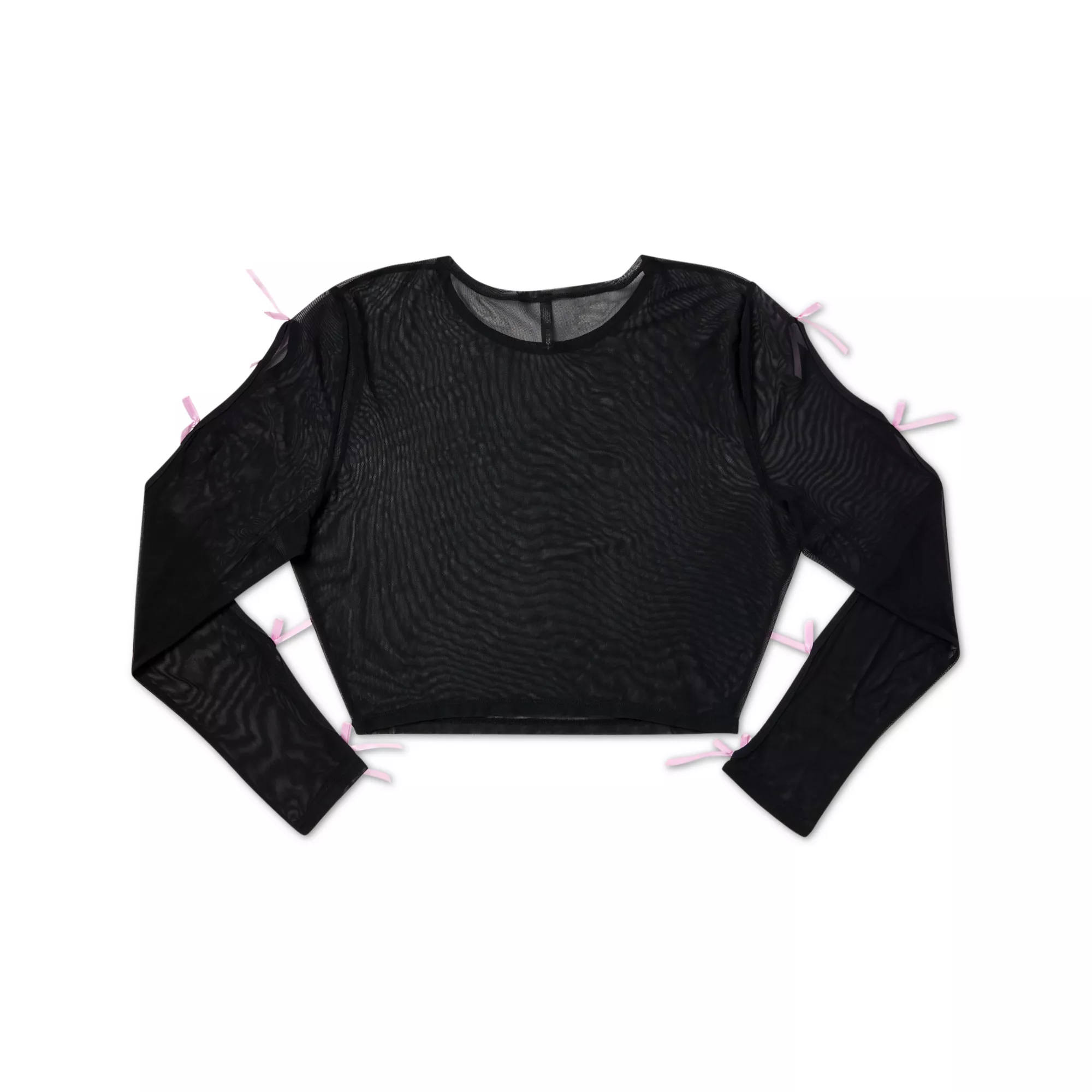 Black and Pink Bow Mesh Crop Top at Spencer's