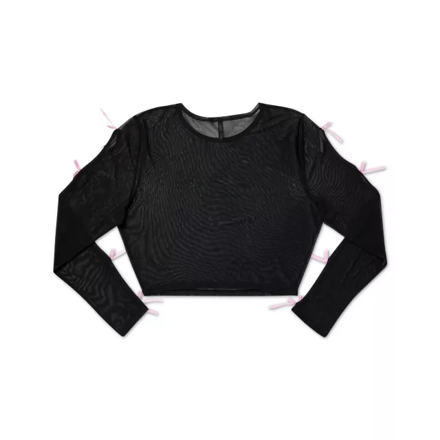 Black and Pink Bow Mesh Crop Top at Spencer's