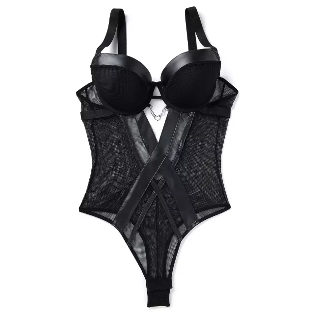 Black Mesh Leather Bodysuit