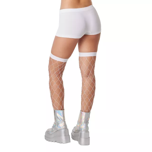 White Rhinestone Fishnet Thigh Highs at Spencer's