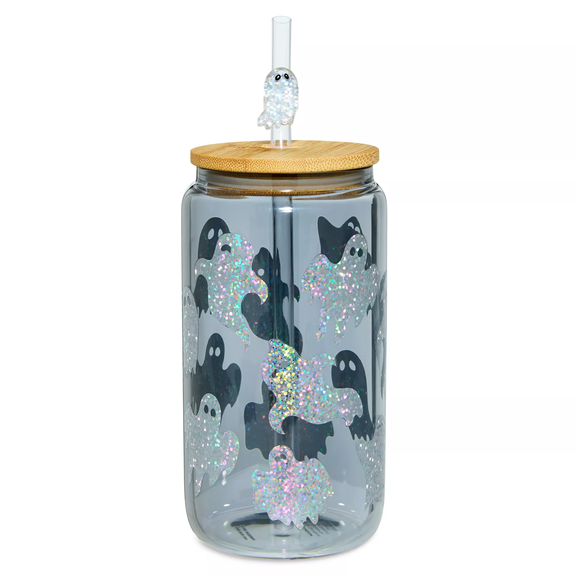Glitter Ghost Glass Cup with Straw - 16 oz. at Spencer's