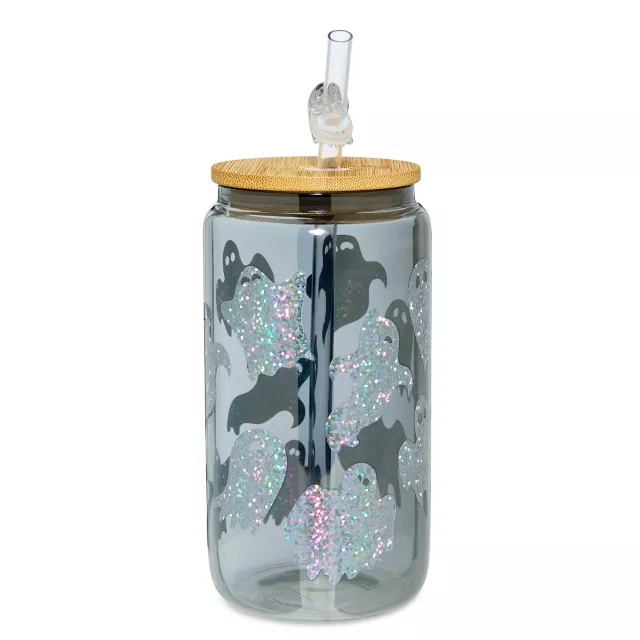 Glitter Ghost Glass Cup with Straw - 16 oz. at Spencer's