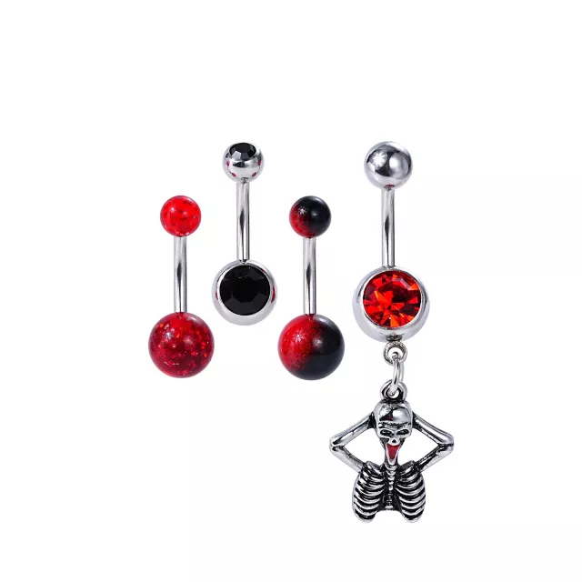 Multi-Pack Black and Red Titanium Skeleton Belly Rings 4 Pack - 14 Gauge at Spencer's