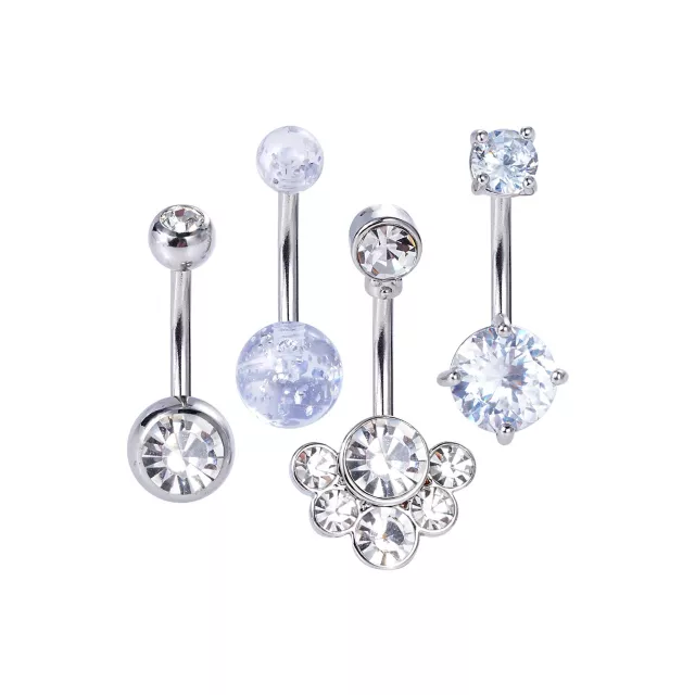 Multi-Pack Silvertone Titanium CZ Belly Rings 4 Pack - 14 Gauge at Spencer's