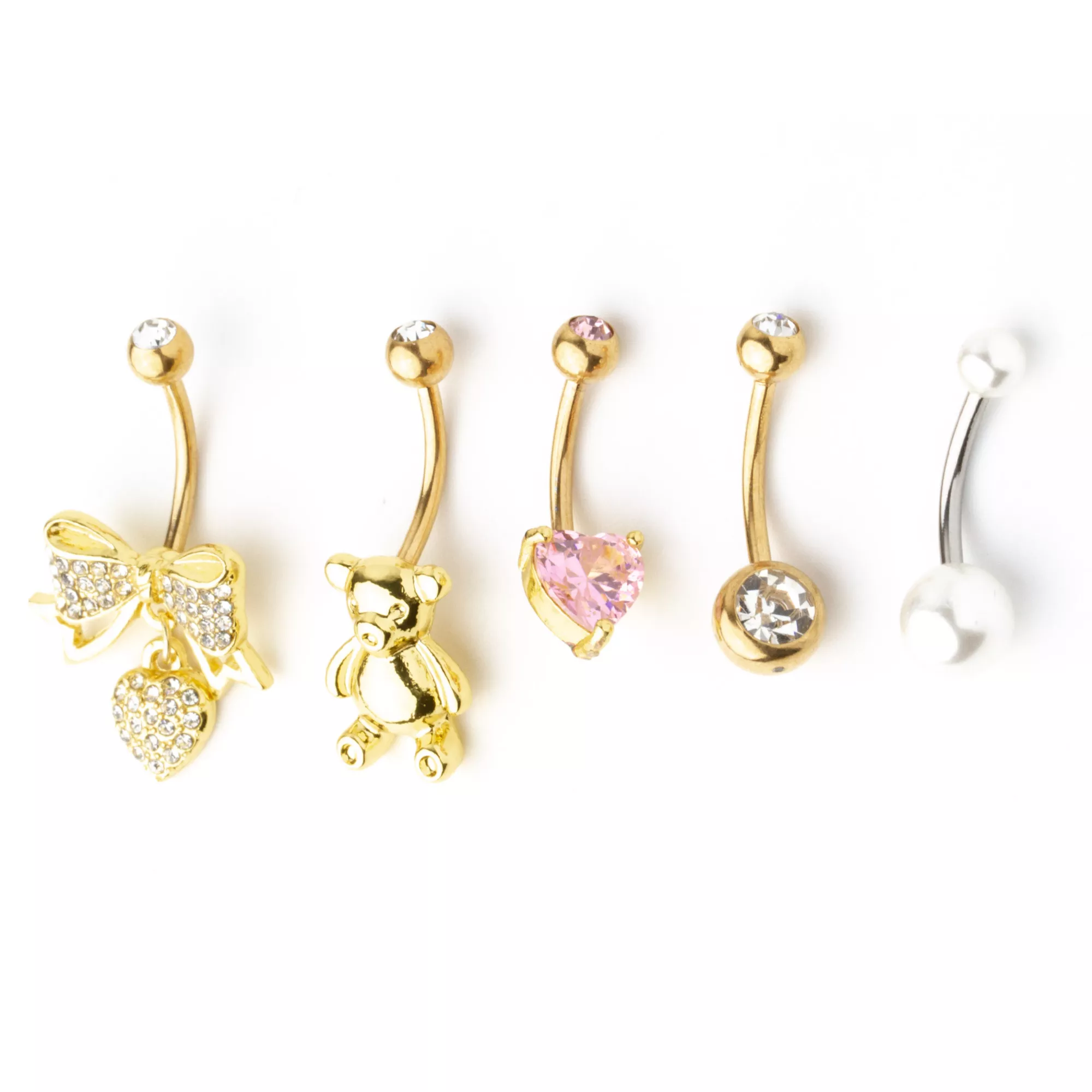 Multi-Pack Goldtone Bow Bear Belly Rings 5 Pack - 14 Gauge at Spencer's