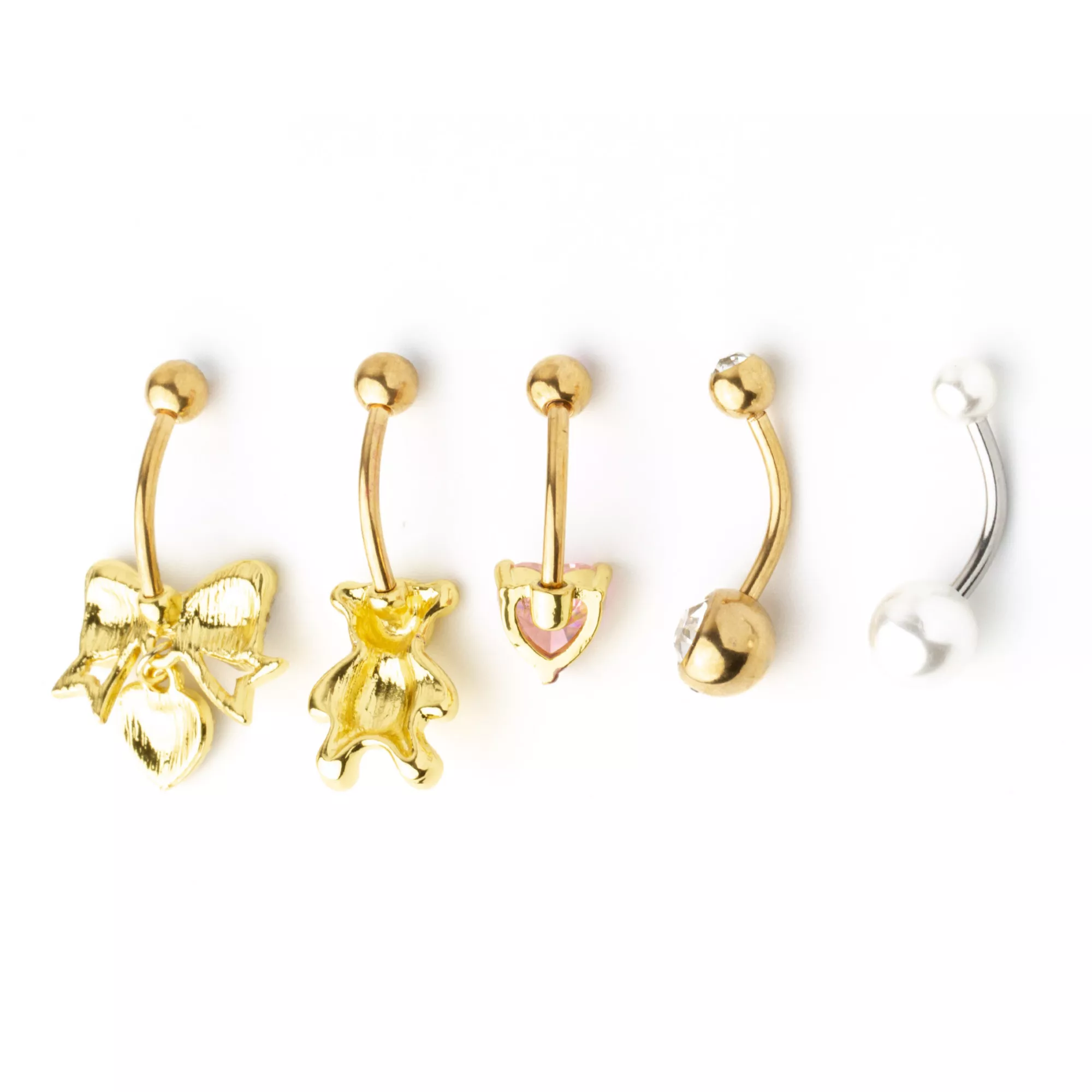 Multi-Pack Goldtone Bow Bear Belly Rings 5 Pack - 14 Gauge at Spencer's