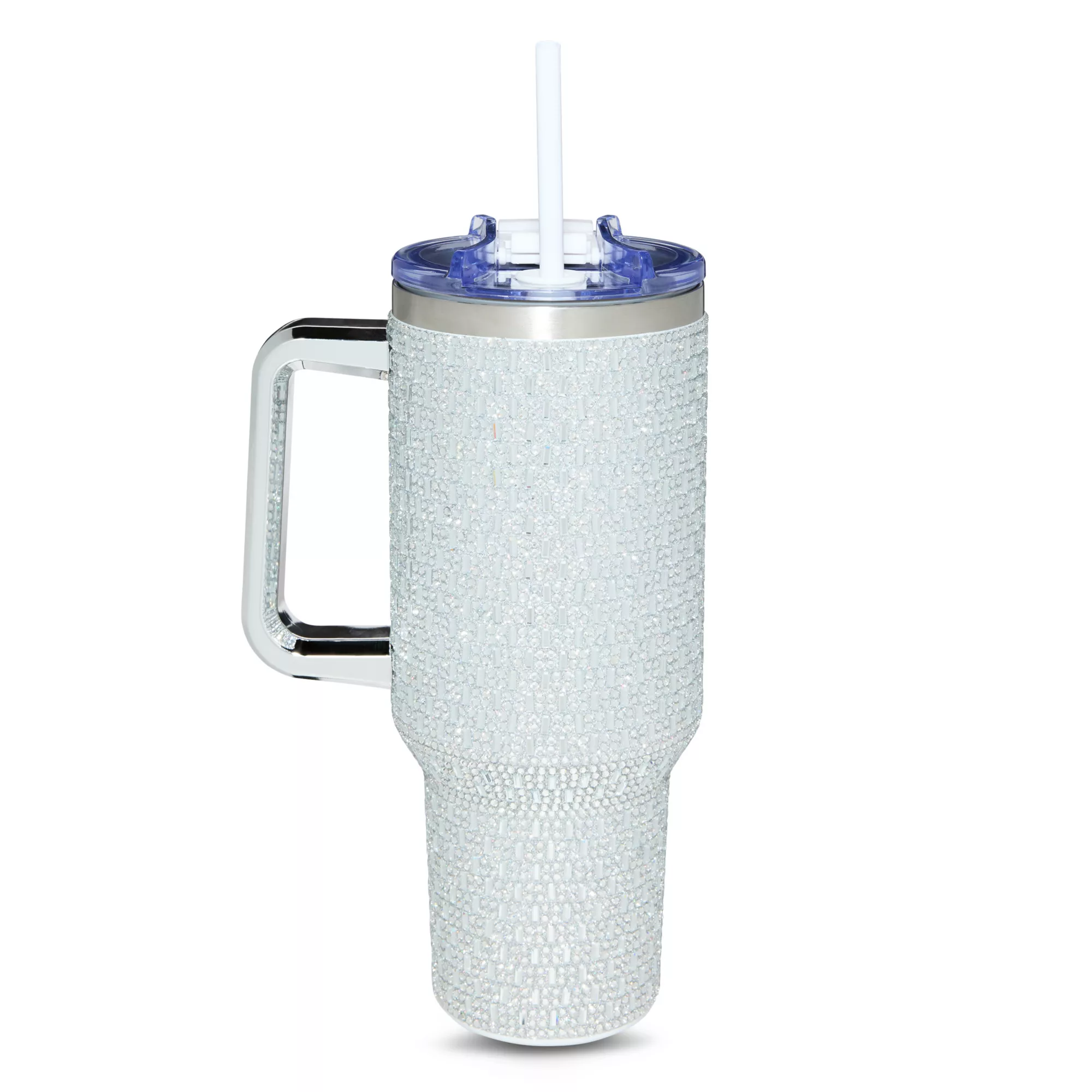 White and Silver Rhinestone Travel Tumbler with Straw - 40 oz.