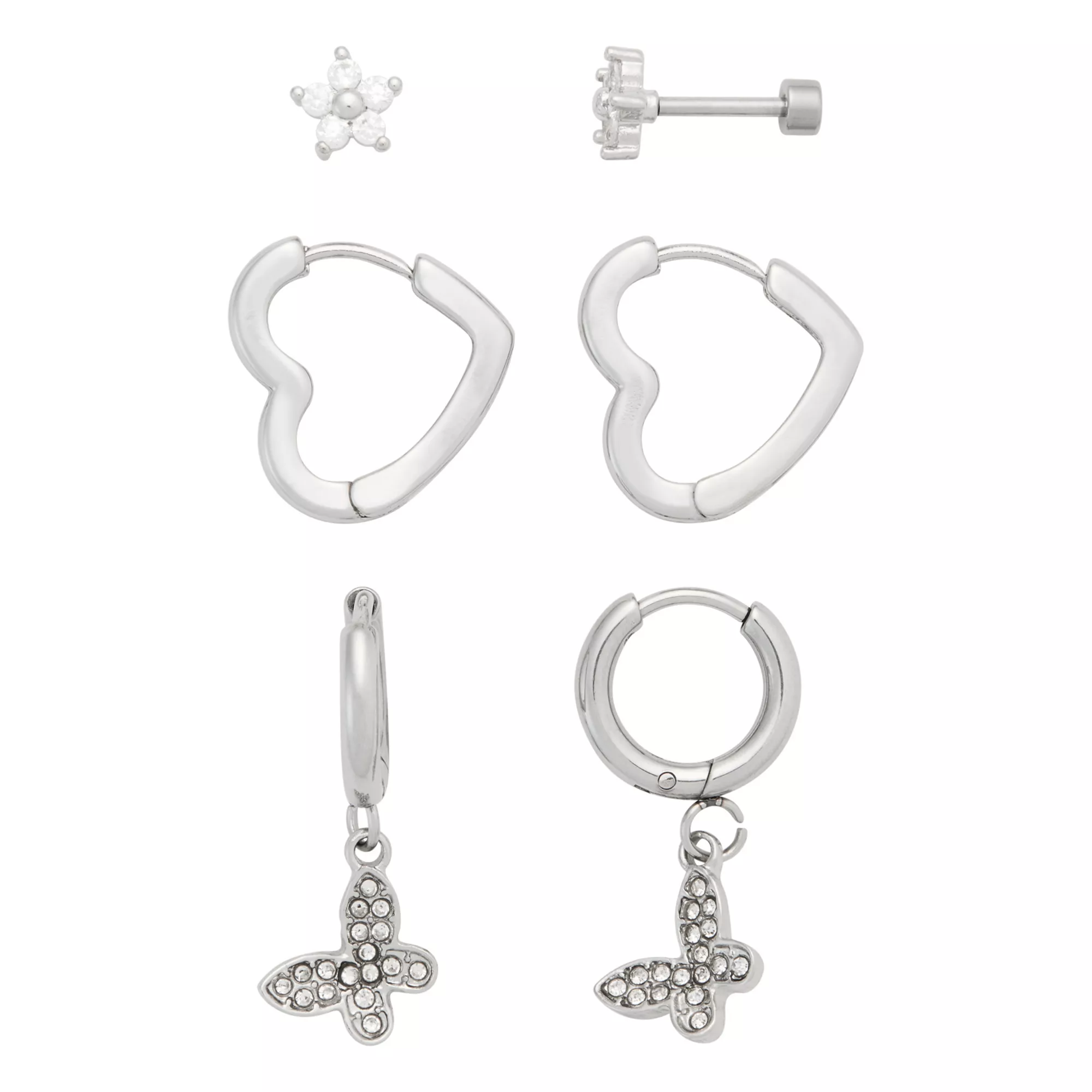Multi-Pack CZ Stud Heart Hoop and Dangle Earrings 3 Pair - 18 Gauge at Spencer's