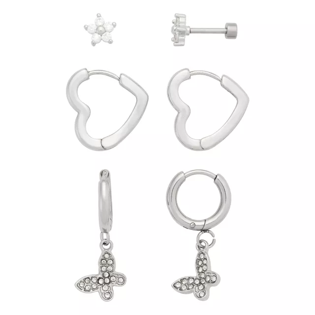 Multi-Pack CZ Stud Heart Hoop and Dangle Earrings 3 Pair - 18 Gauge at Spencer's