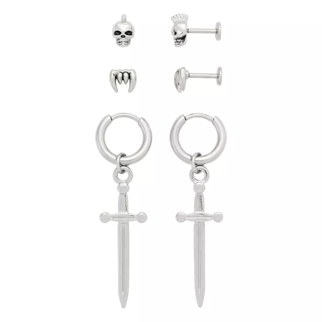 Multi-Pack Skull Stud Earrings and Dagger Dangle Earrings 3 Pair - 18 Gauge at Spencer's