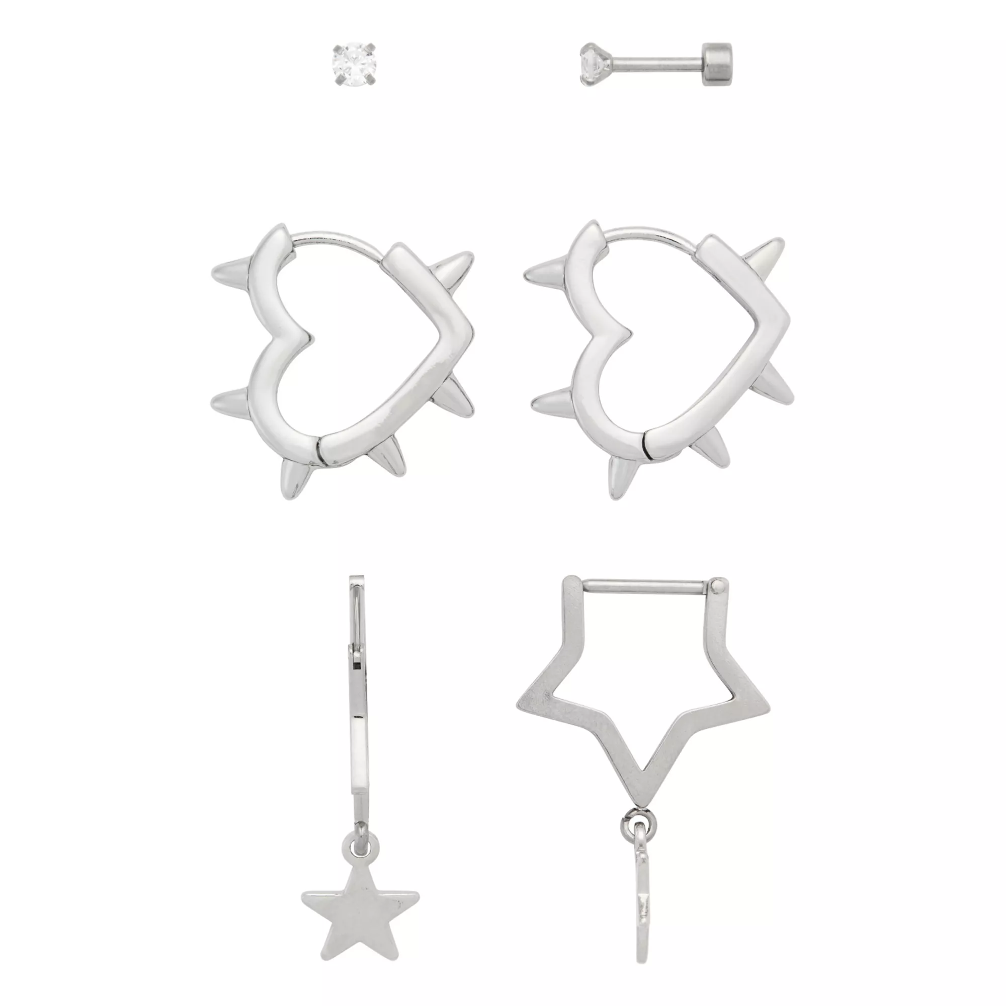 Multi-Pack CZ Stud Heart Star Hoop and Dangle Earrings 3 Pair - 18 Gauge at Spencer's