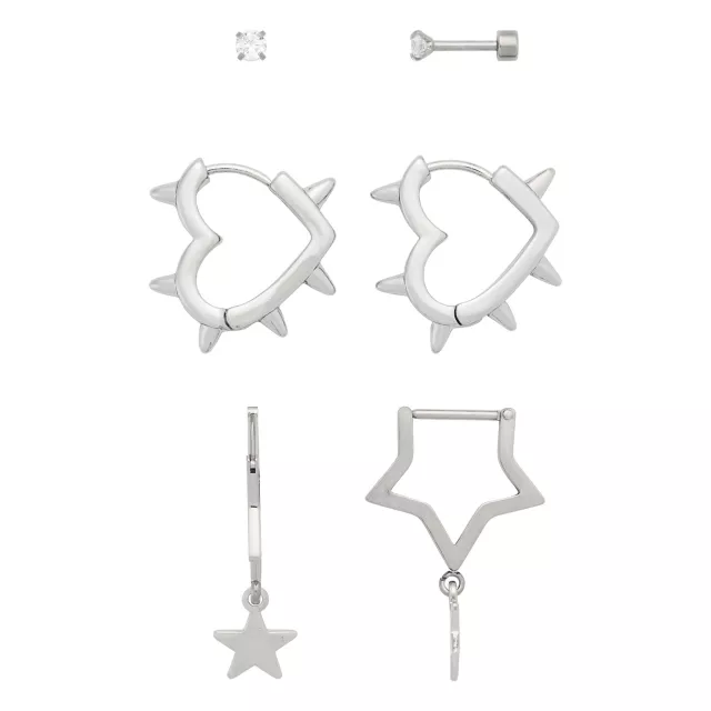 Multi-Pack CZ Stud Heart Star Hoop and Dangle Earrings 3 Pair - 18 Gauge at Spencer's