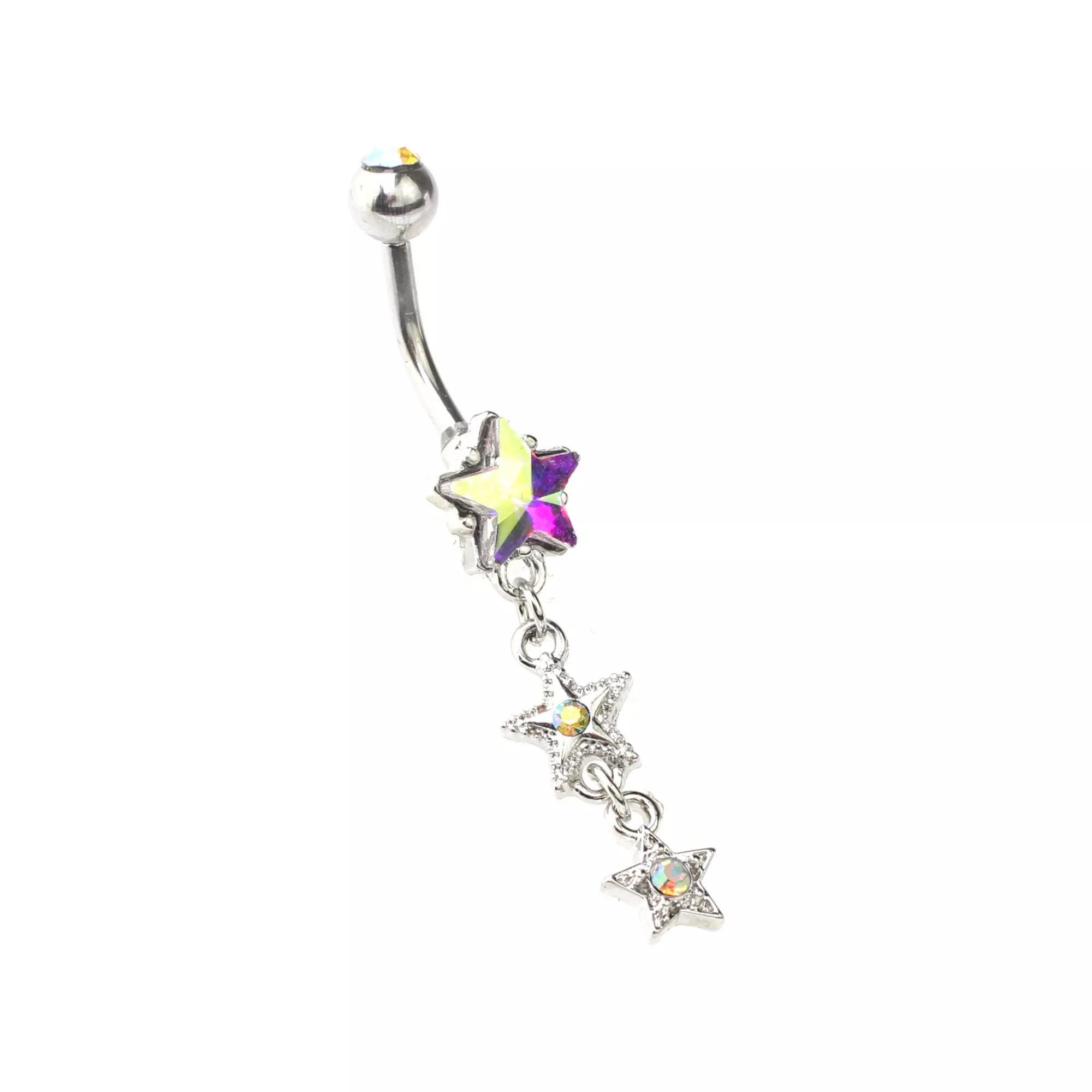 CZ Aurora Borealis Effect Triple Star Dangle Belly Ring - 14 Gauge