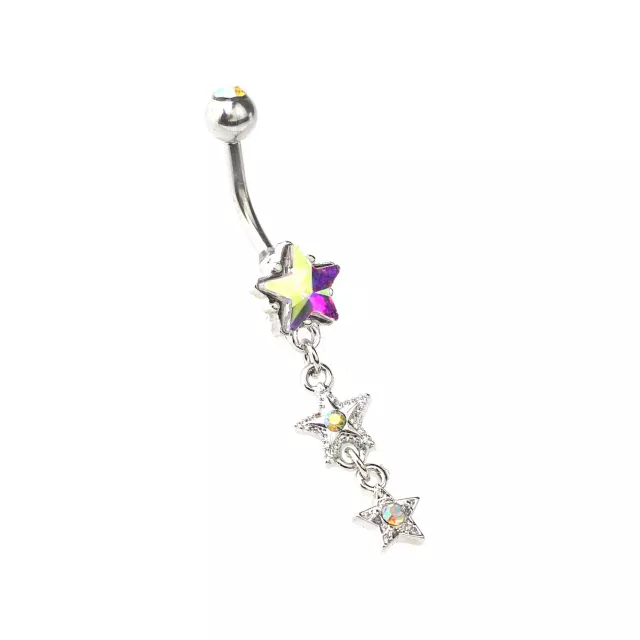CZ Aurora Borealis Effect Triple Star Dangle Belly Ring - 14 Gauge at Spencer's