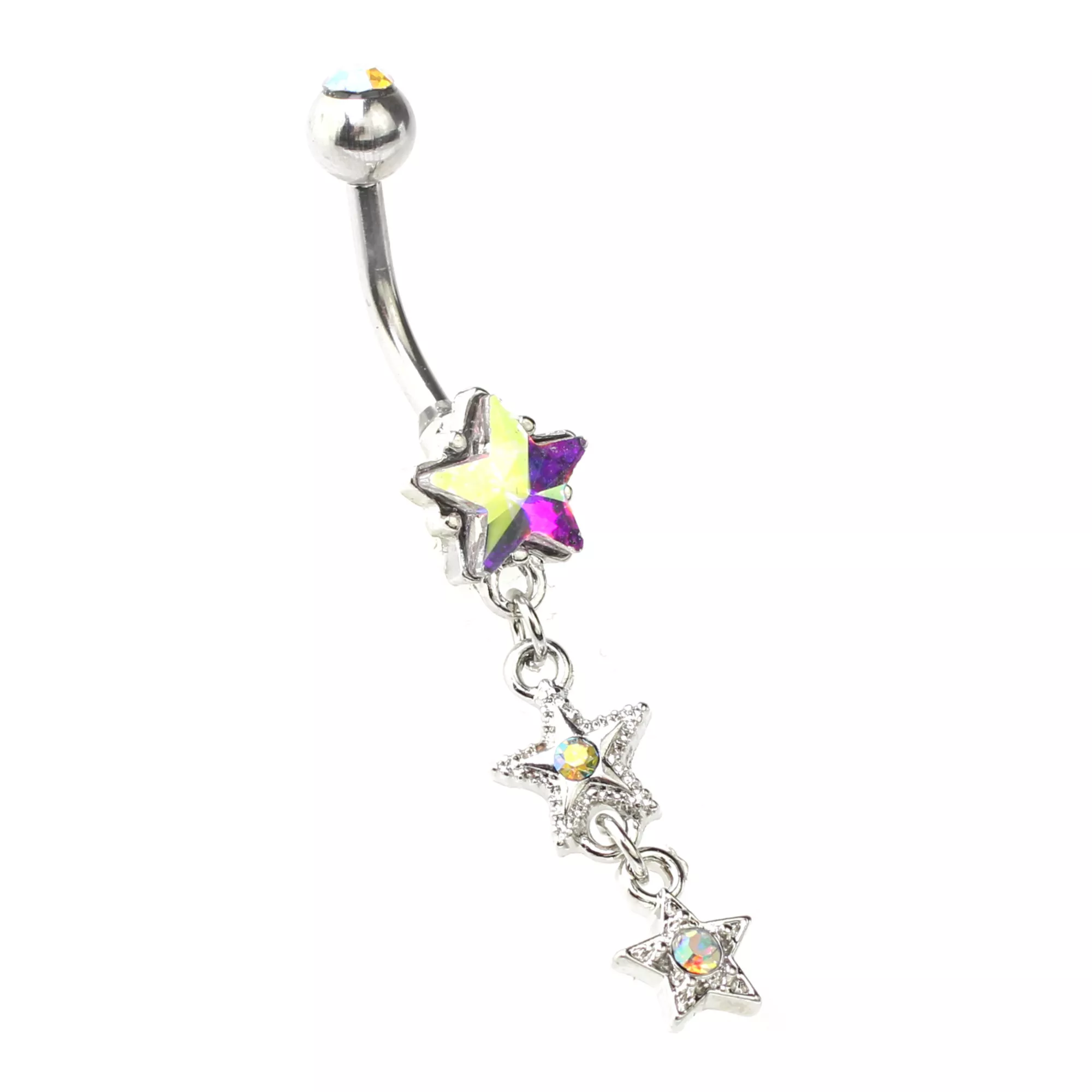 CZ Aurora Borealis Effect Triple Star Dangle Belly Ring - 14 Gauge
