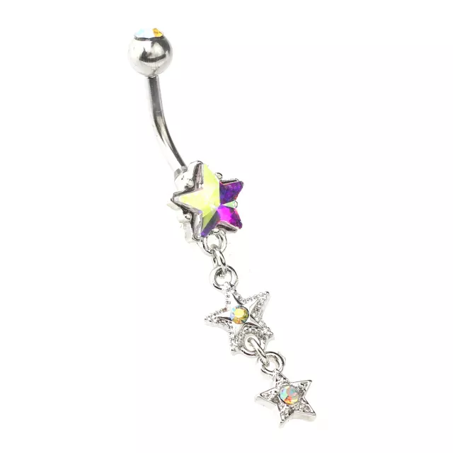 CZ Aurora Borealis Effect Triple Star Dangle Belly Ring - 14 Gauge at Spencer's