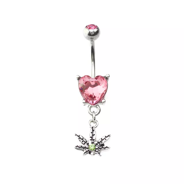 CZ Pink Heart Weed Leaf Dangle Belly Ring - 14 Gauge at Spencer's