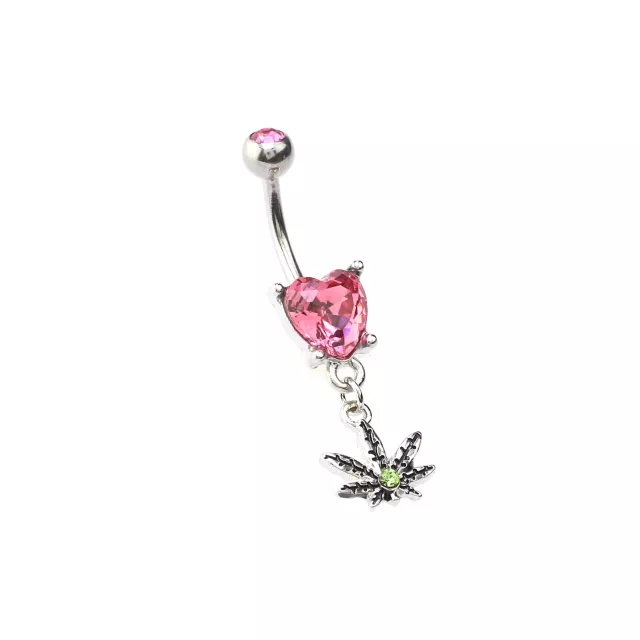 CZ Pink Heart Weed Leaf Dangle Belly Ring - 14 Gauge at Spencer's