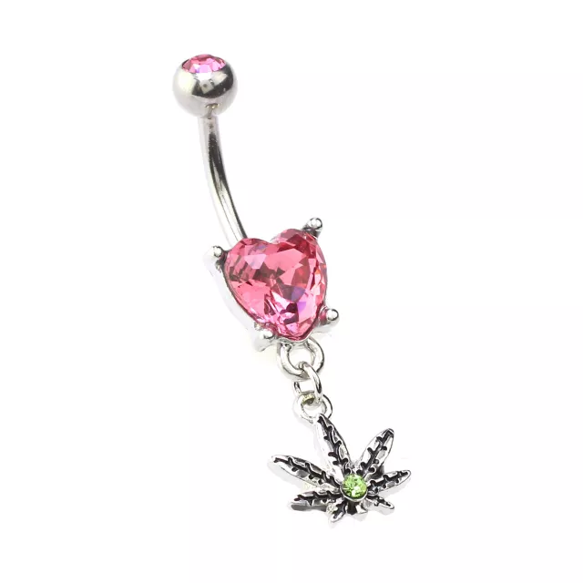CZ Pink Heart Weed Leaf Dangle Belly Ring - 14 Gauge at Spencer's