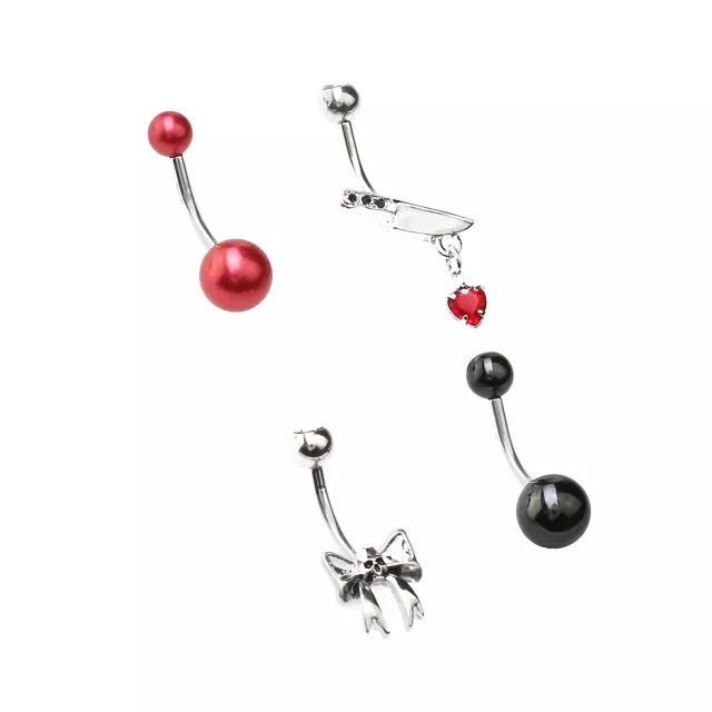 Multi-Pack Skull Bow and Dagger Belly Rings 4 Pack - 14 Gauge at Spencer's