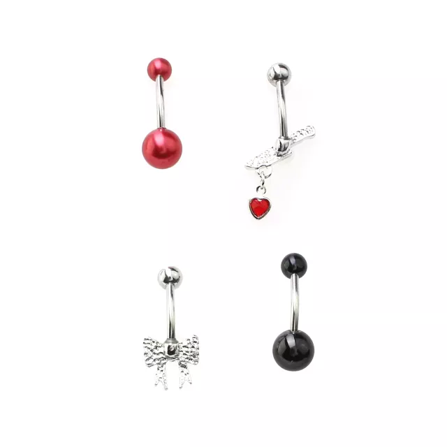 Multi-Pack Skull Bow and Dagger Belly Rings 4 Pack - 14 Gauge at Spencer's