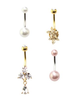 Multi-Pack CZ Goldtone Pearl-Effect Rose Belly Rings 4 Pack - 14 Gauge