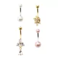 Multi-Pack CZ Goldtone Pearl-Effect Rose Belly Rings 4 Pack - 14 Gauge at Spencer's