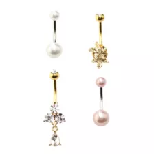 Multi-Pack CZ Goldtone Pearl-Effect Rose Belly Rings 4 Pack - 14 Gauge at Spencer's