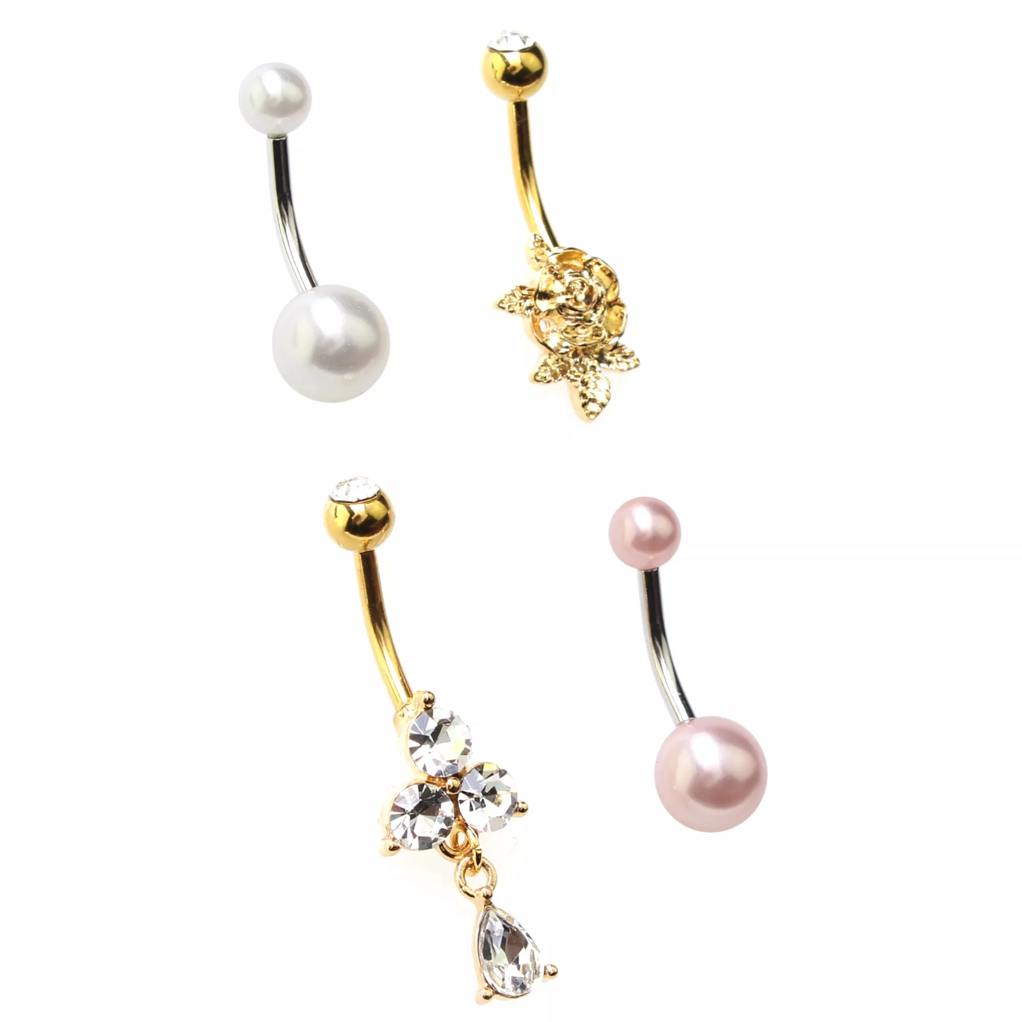 Multi-Pack CZ Goldtone Pearl-Effect Rose Belly Rings 4 Pack - 14 Gauge at Spencer's