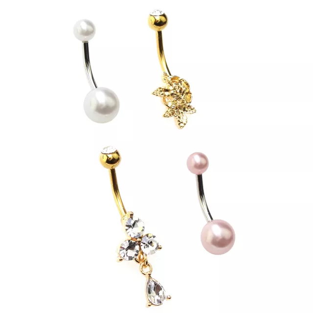 Multi-Pack CZ Goldtone Pearl-Effect Rose Belly Rings 4 Pack - 14 Gauge at Spencer's