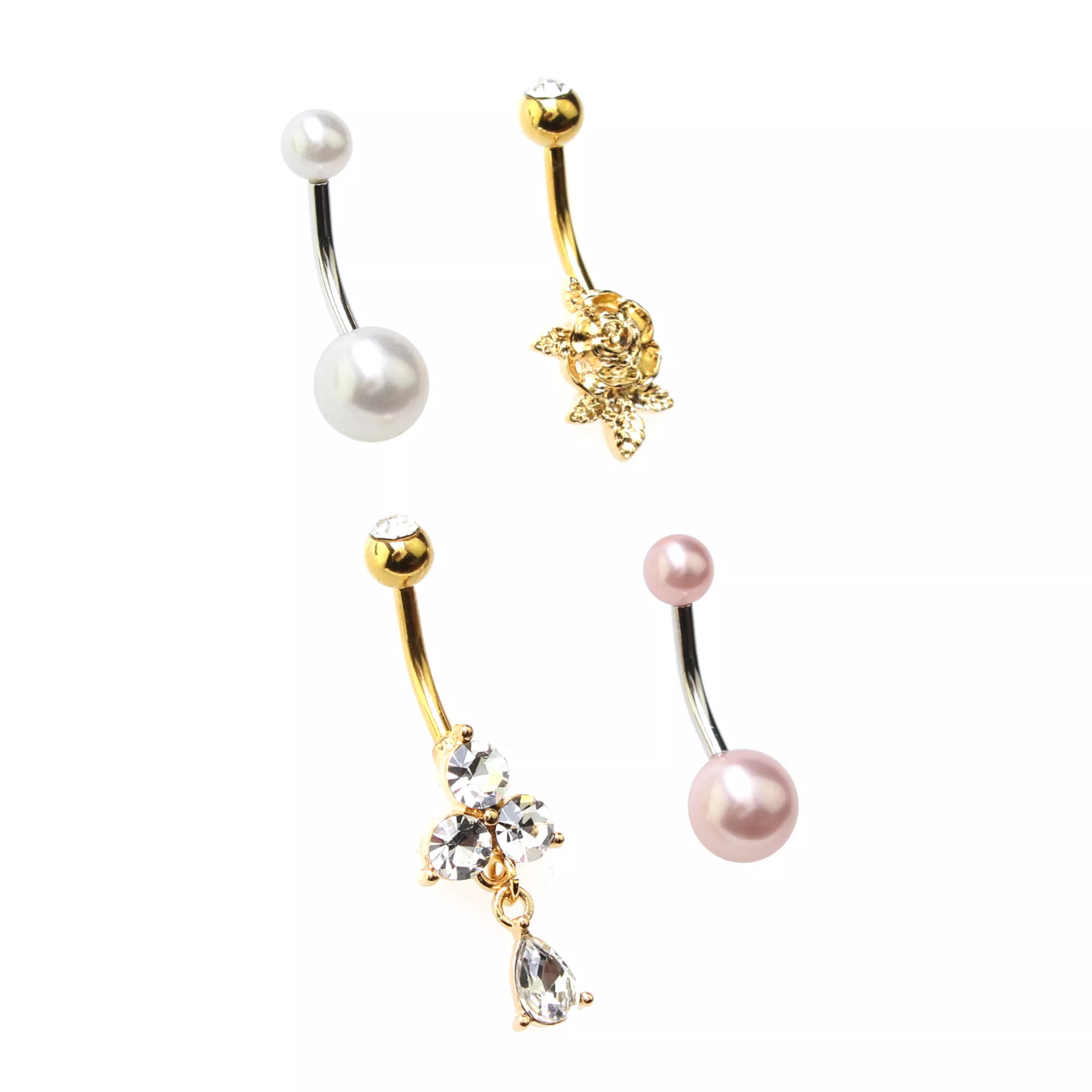 Multi-Pack CZ Goldtone Pearl-Effect Rose Belly Rings 4 Pack - 14 Gauge at Spencer's