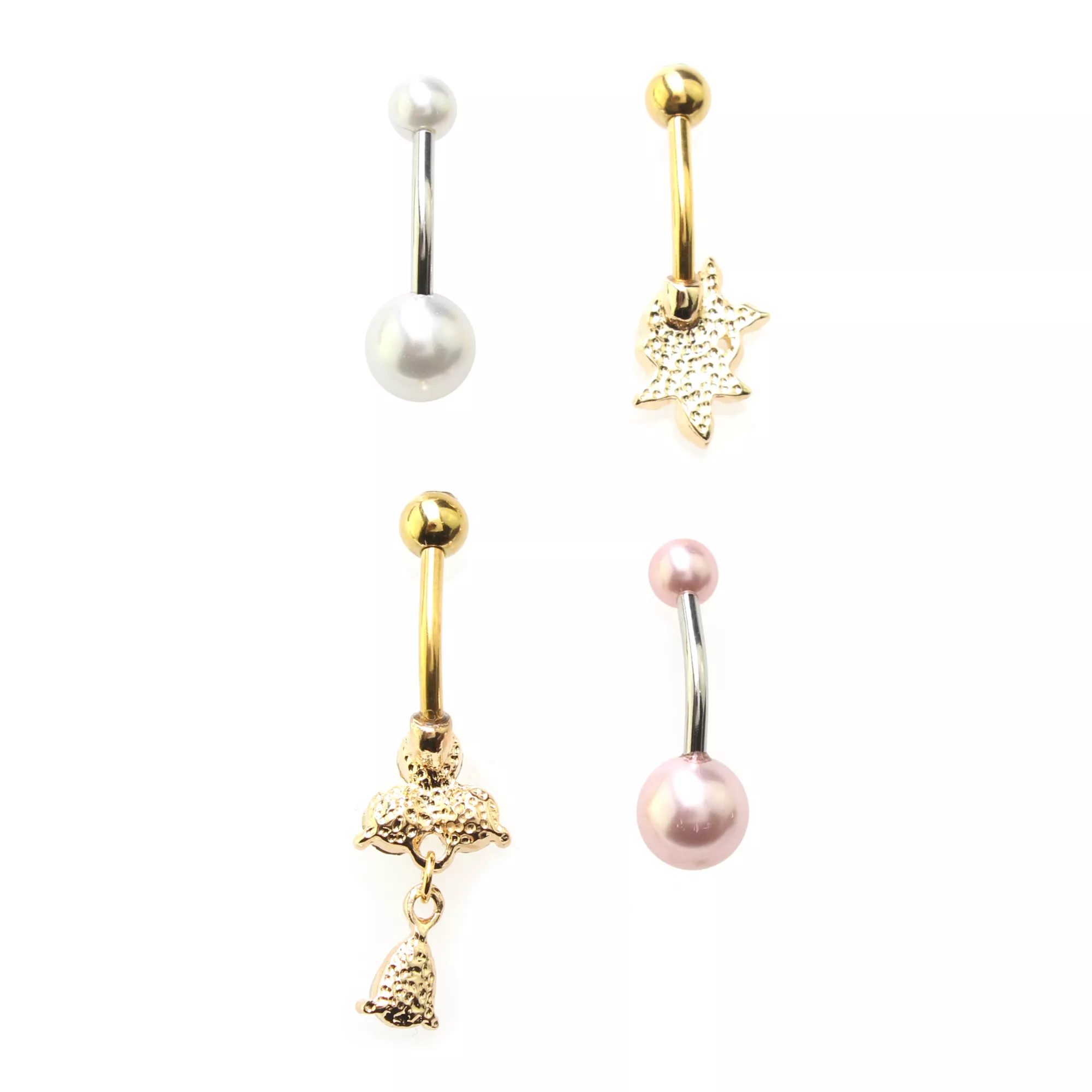 Multi-Pack CZ Goldtone Pearl-Effect Rose Belly Rings 4 Pack - 14 Gauge at Spencer's