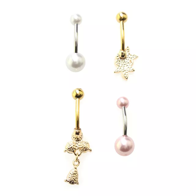 Multi-Pack CZ Goldtone Pearl-Effect Rose Belly Rings 4 Pack - 14 Gauge at Spencer's